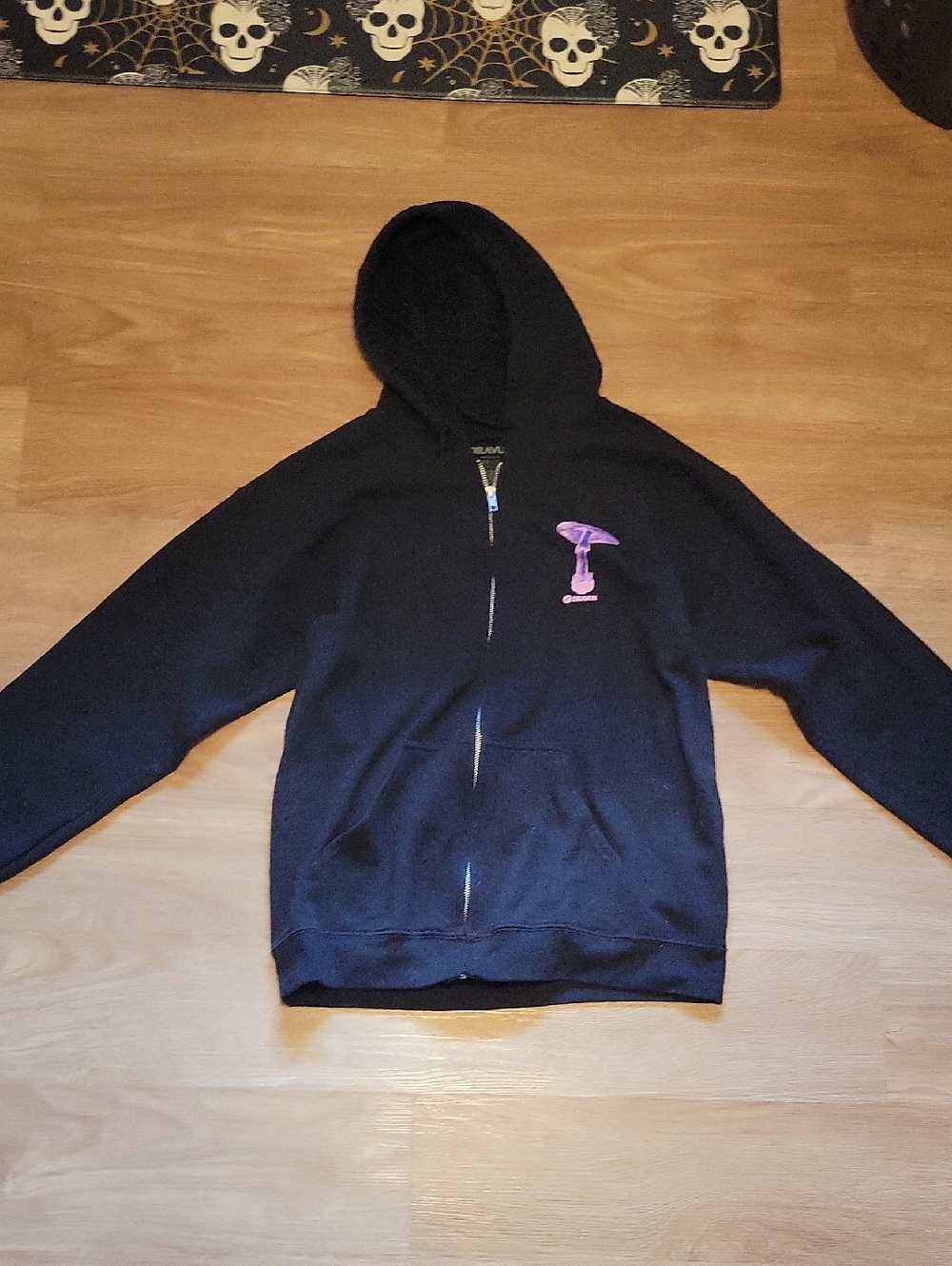 Black Men's Zip-Up Hoodie with Purple Mushroom Graphic